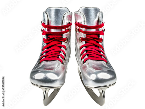 Stylish silver ice skates with red laces on a white isolated background. photo