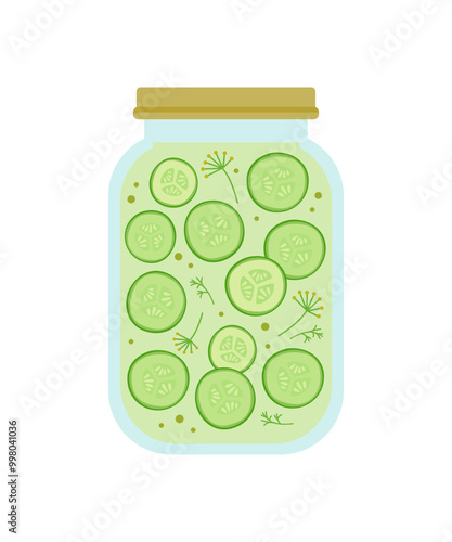 Pickled cucumber slices in glass jar.