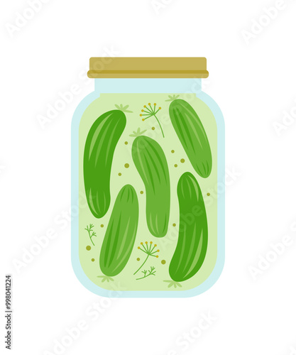 Pickled cucumbers in glass jar, vector illustration.