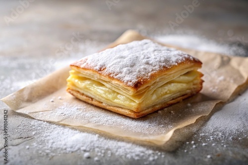 Flaky puff pastry dusted with powdered sugar on parchment paper