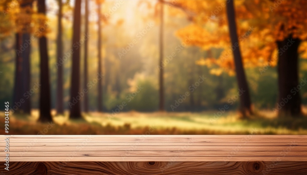 Wood countertop on autumn forest background for product presentation. Outdoor tabletop mockup for food or cosmetics design. wooden table in forest Wood countertop on autumn forest background for product presentation. Outdoor tabletop mockup for food or cosmetics design. wooden table in forest