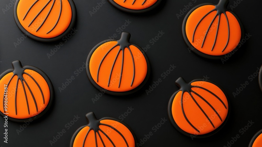 Pumpkin-shaped cookies, Halloween dessert table, 3D illustration Pumpkin-shaped cookies, Halloween dessert table, 3D illustration