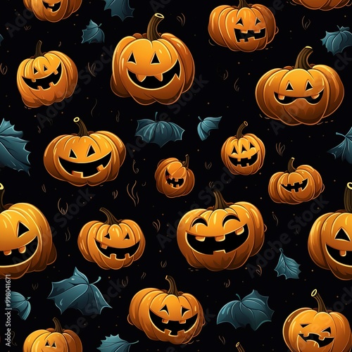 recurring Scary Smiling Halloween Pumpkins, seamless pattern on black background, emotional pumpkins, repeatable and printable texture, desktop wallpaper, wrapping paper