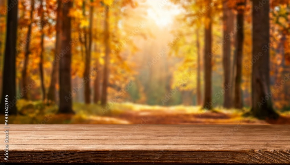 Wood countertop on autumn forest background for product presentation. Outdoor tabletop mockup for food or cosmetics design. wooden table in forest Wood countertop on autumn forest background for product presentation. Outdoor tabletop mockup for food or cosmetics design. wooden table in forest