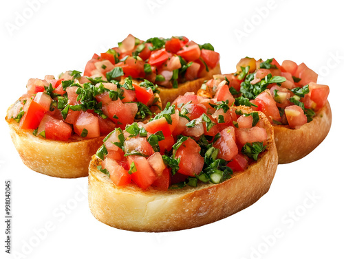 Fresh bruschetta topped with vibrant tomatoes and herbs, served on toasted bread, perfect for appetizers.