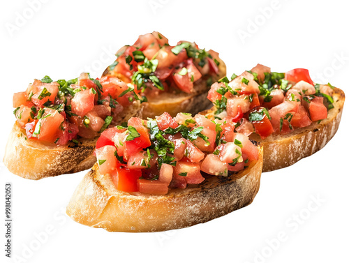Delicious bruschetta topped with fresh tomatoes and herbs, perfect for appetizers or snacks, on a white isolated background.
