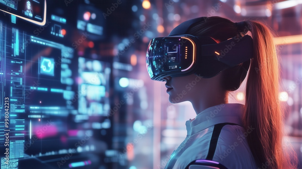 Нoung woman in a VR headset is in the space of the future, all details are illuminated with neon light. Virtual reality glasses, future technologies, augmented reality, cyberspace concept Нoung woman in a VR headset is in the space of the future, all details are illuminated with neon light. Virtual reality glasses, future technologies, augmented reality, cyberspace concept