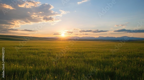 A vibrant sunset over a rolling green field, with a clear horizon and puffy clouds in the sky.