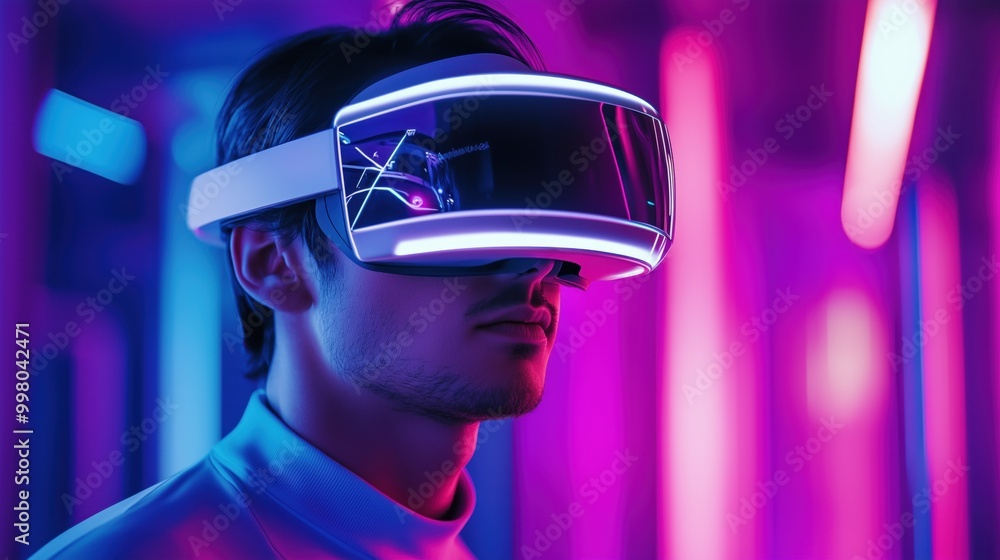Нoung man in a VR headset is in the space of the future, all details are illuminated with neon light. Virtual reality glasses, future technologies, augmented reality, cyberspace concept Нoung man in a VR headset is in the space of the future, all details are illuminated with neon light. Virtual reality glasses, future technologies, augmented reality, cyberspace concept