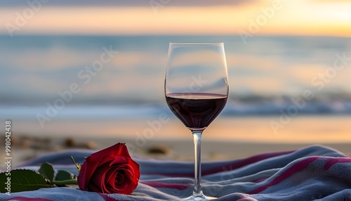 Rosé wine glass on a beach towel with a serene beach scene in soft focus, perfect for summer relaxation