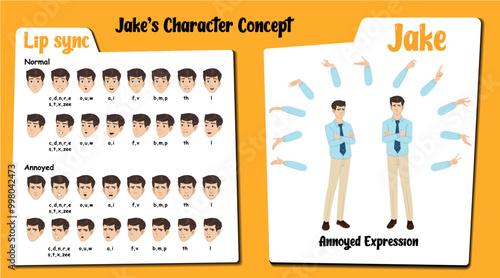 Annoyed male employee cartoon character AKA Jake, men wearing an office uniform. Annoyed face expressions and lip sync. Set of male cartoon with various hand gesture and front and 1/3 standing pose.