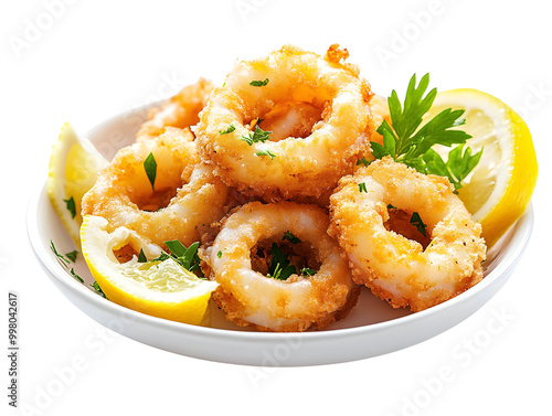 Crispy fried calamari rings served with lemon wedges and fresh parsley.