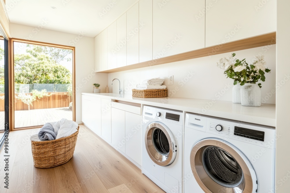 This modern laundry room showcases built-in washing and drying machines, sleek cabinetry, and a laundry basket, offering a tidy atmosphere. Generative AI This modern laundry room showcases built-in washing and drying machines, sleek cabinetry, and a laundry basket, offering a tidy atmosphere. Generative AI
