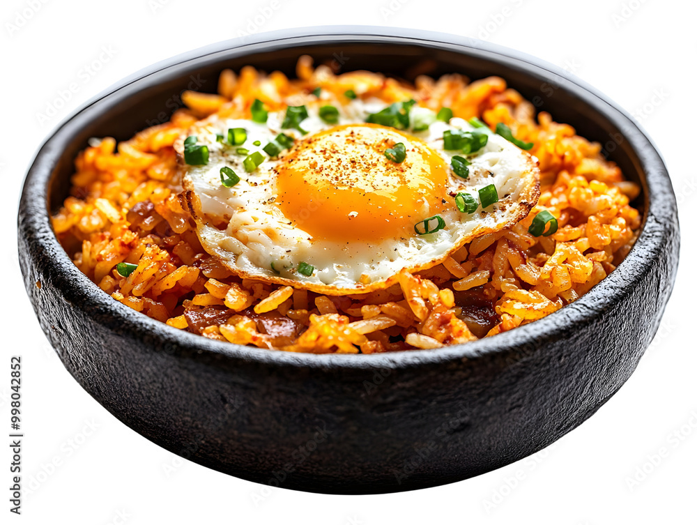 Delicious fried rice topped with a perfectly cooked egg, served in a traditional black bowl.