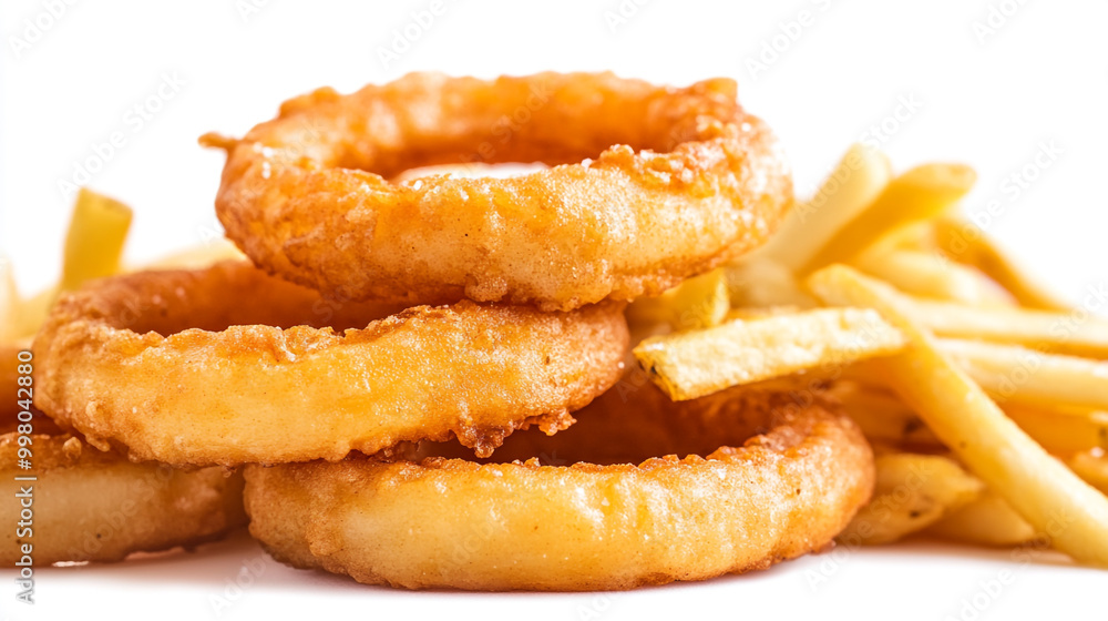 Crispy onion rings served with golden French fries on a plain background Crispy onion rings served with golden French fries on a plain background