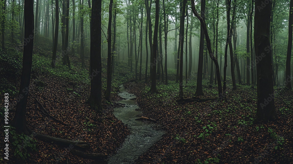 Obraz premium A misty forest path with a stream running through it.