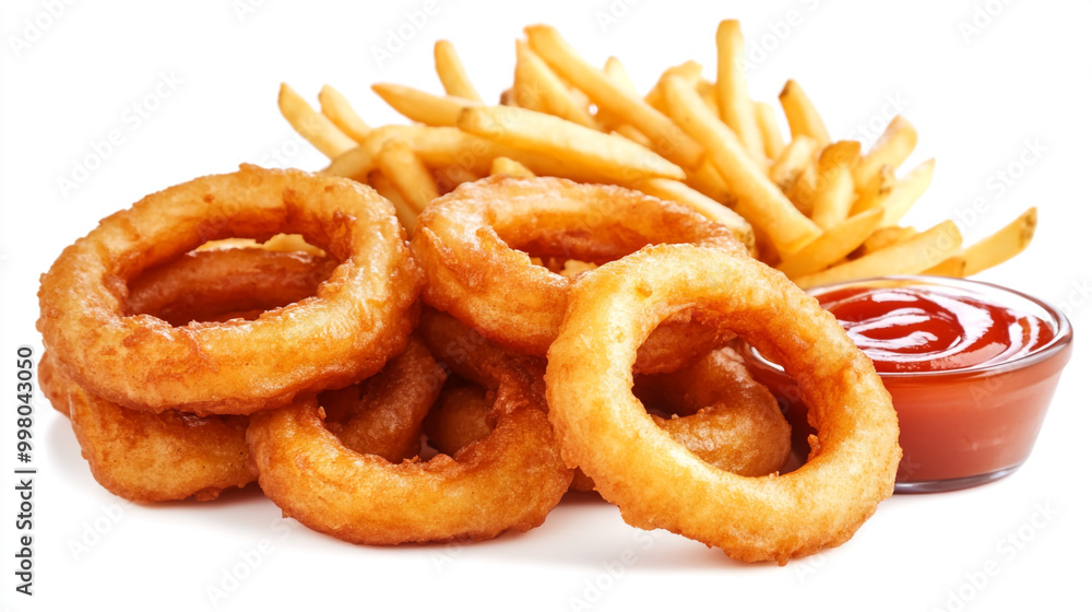 Crispy onion rings served with golden French fries and a side of ketchup on a white plate Crispy onion rings served with golden French fries and a side of ketchup on a white plate