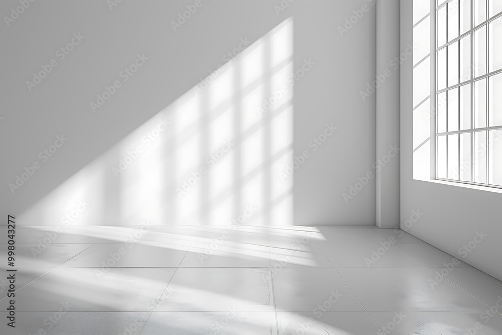 Sunlight streams through a large window casting a grid pattern on the white wall of a minimalist room. Sunlight streams through a large window casting a grid pattern on the white wall of a minimalist room.