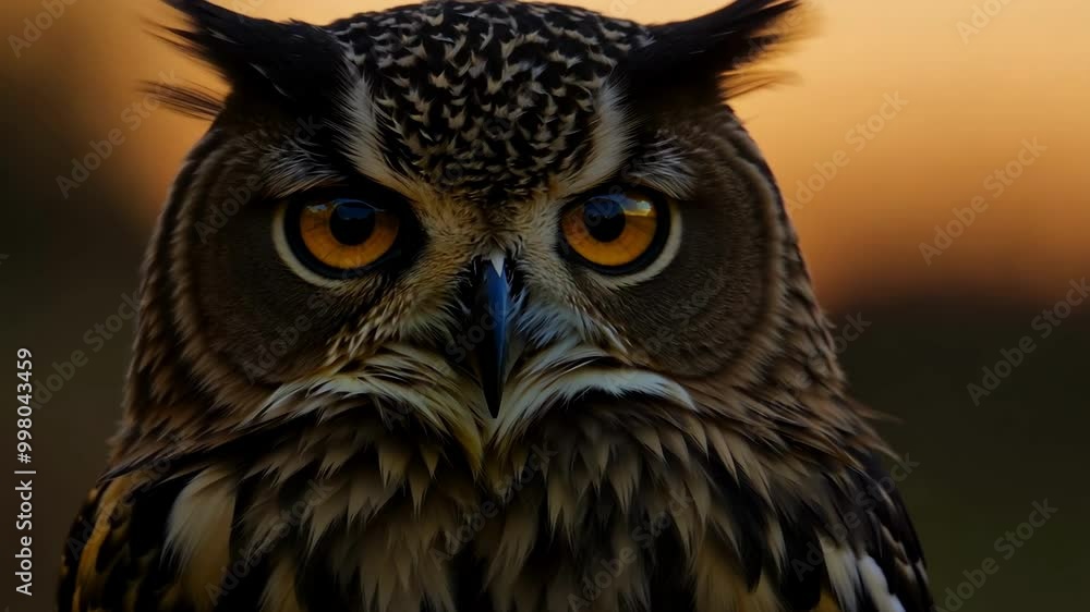 Close-up portrait of eurasian eagle owl at sunset with intense eyes Close-up portrait of eurasian eagle owl at sunset with intense eyes