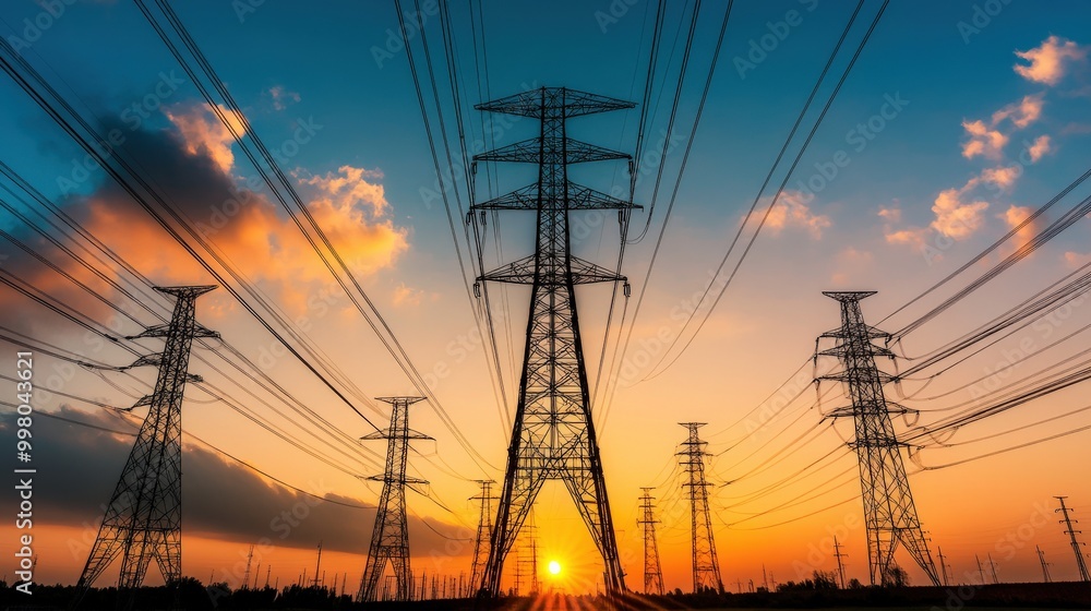 Fototapeta premium A group of power lines are shown in the sky at sunset