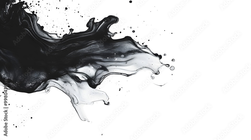 A dynamic splash of black and white ink flows across a white background, creating an artistic and abstract visual effect. A dynamic splash of black and white ink flows across a white background, creating an artistic and abstract visual effect.