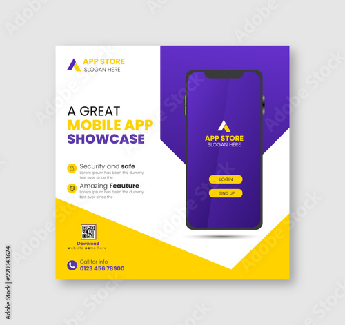 Modern mobile app promotion social media banner design, Instagram post, poster template	