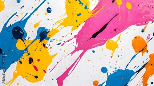Wallpaper Mural A vibrant splash of colorful paint on a white canvas, featuring dynamic patterns of pink, blue, yellow, and orange in an abstract design. Torontodigital.ca