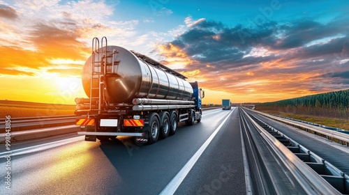 A large tanker truck is driving down a highway