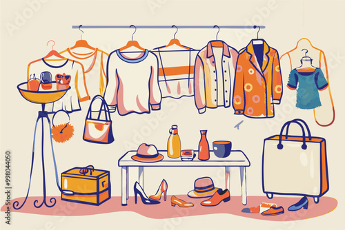 Colorful Fashion Boutique Display with Garments and Accessories