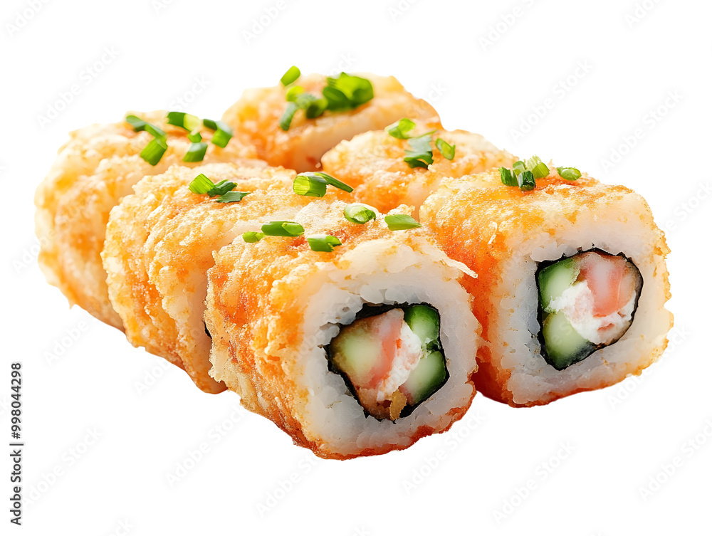 Delicious sushi rolls garnished with green onions on a white isolated background. Delicious sushi rolls garnished with green onions on a white isolated background.