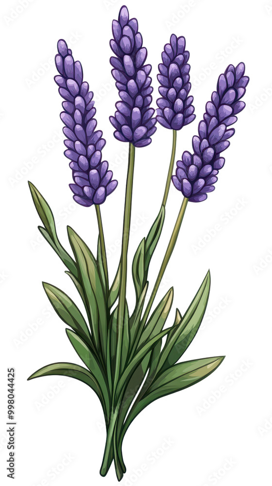 Fototapeta premium Lavender flowers with green leaves, vibrant purple on white isolate background.