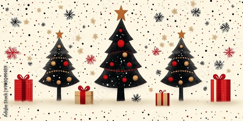 A festive holiday illustration featuring beautifully decorated Christmas trees in red and black, adorned with gold ornaments and topped with stars.