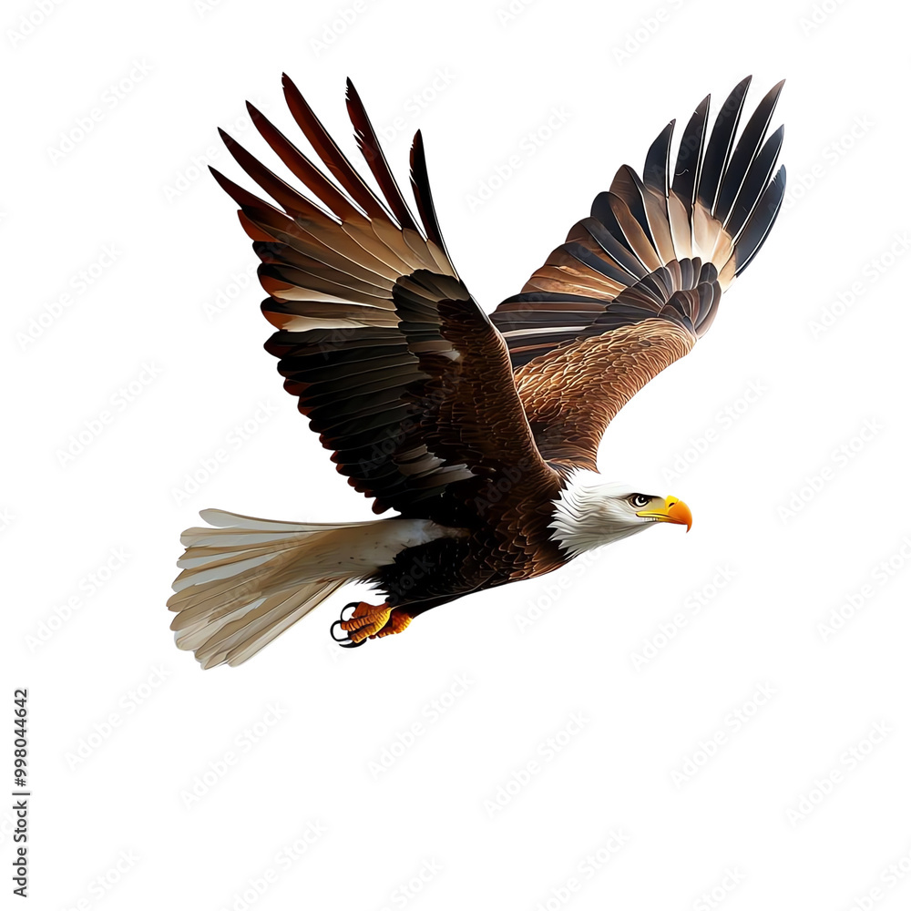 Obraz premium A majestic eagle in mid-flight, showcasing its magnificent wingspan and keen gaze, ideal for wildlife enthusiasts and nature lovers, symbolizing freedom and strength.