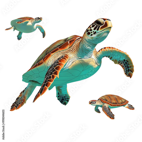 Three colorful sea turtles swimming gracefully in the ocean, showcasing their beautiful patterns and textures with a transparent background. photo