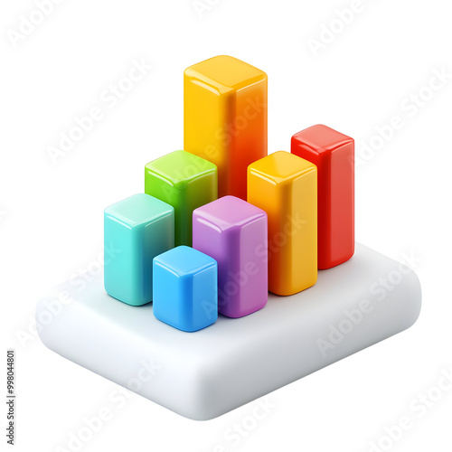 Colorful 3D bar chart on a white background, representing data visualization and analytics.