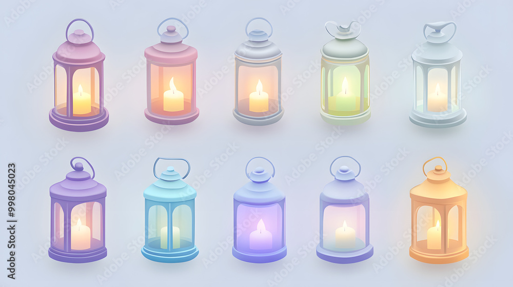 Simple pastel lantern set of icons with smooth edges and soft pastel glow isolated on a light background Simple pastel lantern set of icons with smooth edges and soft pastel glow isolated on a light background