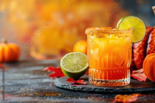 Pumpkin Spice Tequila Sunrise Cocktail with Lime in Stylish Glass for Autumn Celebration






