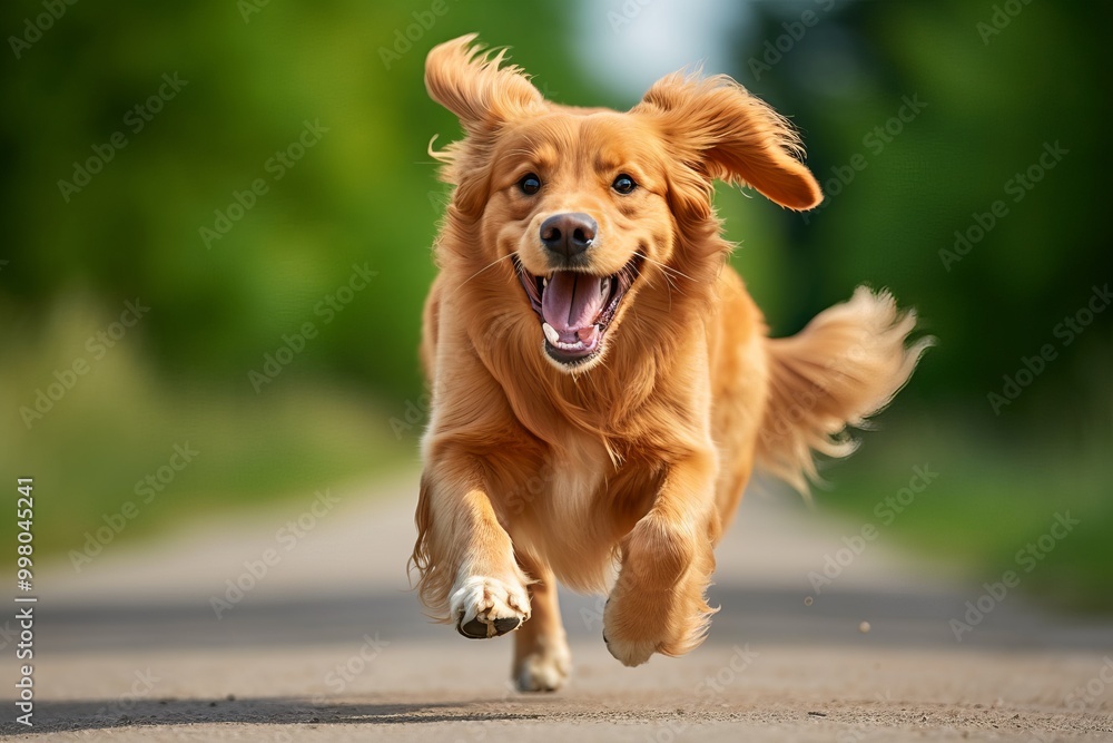 A golden retriever joyfully runs down a country path surrounded by greenery on a sunny day A golden retriever joyfully runs down a country path surrounded by greenery on a sunny day