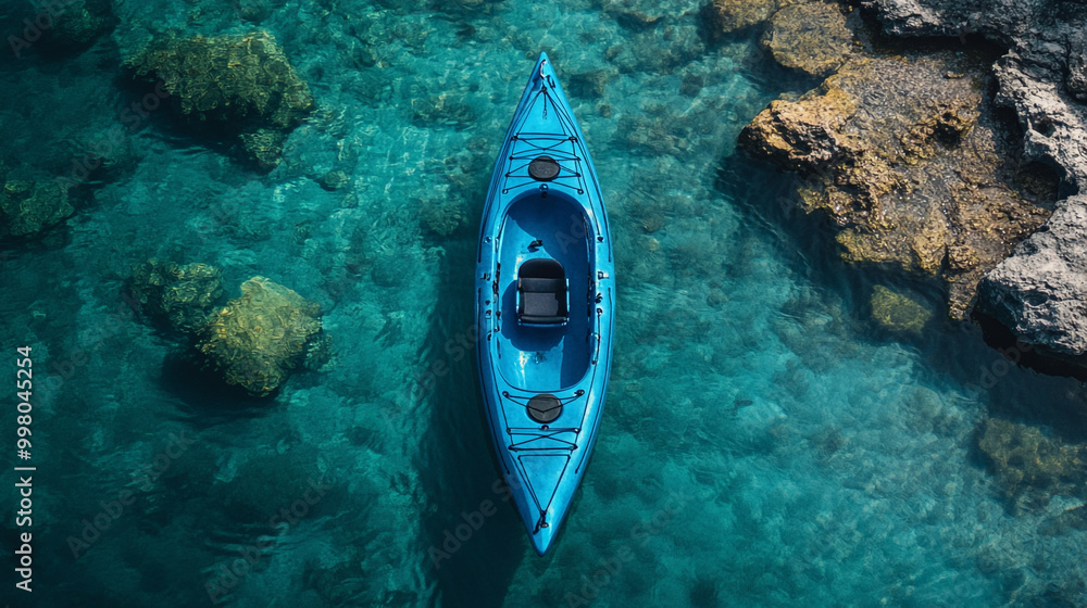 Aerial view of a bright blue kayak floating in clear turquoise waters near rocky shoreline