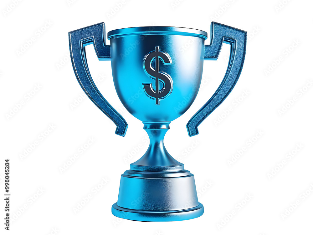 A blue trophy with a dollar sign, symbolizing financial success and achievement, isolated on a white background. A blue trophy with a dollar sign, symbolizing financial success and achievement, isolated on a white background.