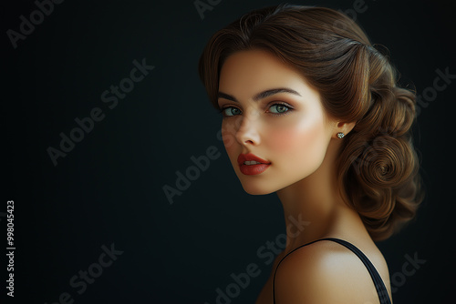 Beautiful woman with a vintage hairstyle, wearing a black dress, posing against a dark background and looking at the camera. Portrait of a fashion model with an elegant hairdo and smoky eye makeup.