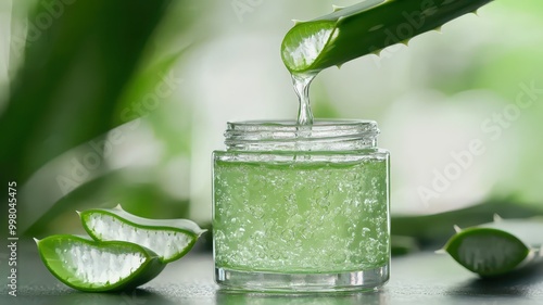 A close-up of an aloe vera leaf dripping gel into a small glass jar, surrounded by fresh aloe slices on a natural background. photo