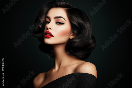 Beautiful woman with a vintage hairstyle, wearing a black dress, posing against a dark background and looking at the camera. Portrait of a fashion model with an elegant hairdo and smoky eye makeup.