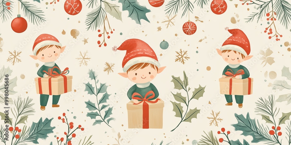 Festive illustration featuring a cheerful Christmas elf holding a wrapped gift, surrounded by seasonal decorations such as holly leaves, pine branches, red ornaments, and snowflakes. Festive illustration featuring a cheerful Christmas elf holding a wrapped gift, surrounded by seasonal decorations such as holly leaves, pine branches, red ornaments, and snowflakes.