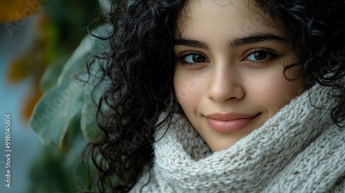 A close up portrait of a young woman with beautiful curly hair, looking at the camera with a happy smile. She is wearing a white knitted sweater and a scarf. The photo captures her beauty and warmth.