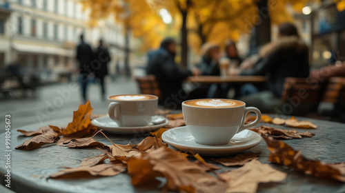 People enjoying coffee in an outdoor café, autumn leaves scattered on the ground, soft afternoon light, focus on the cups of coffee and relaxed social atmosphere, celebrating Coffee Day