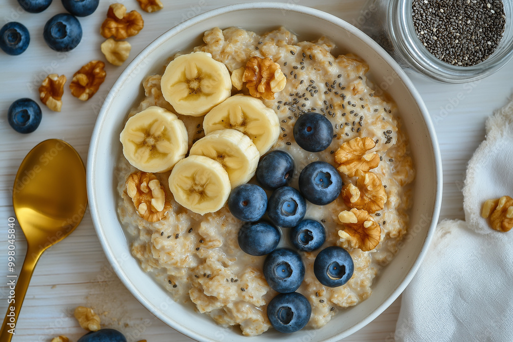 Oatmeal with banana, blueberries, and walnuts on a white background, top view, flat lay. Healthy breakfast food concept Oatmeal with banana, blueberries, and walnuts on a white background, top view, flat lay. Healthy breakfast food concept