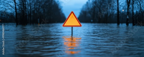 A warning sign stands alone in a flood, surrounded by rising water under a dimly lit sky, indicating danger and road hazards.