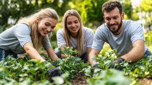 Wallpaper Mural Volunteers working together to plant trees in a community park highlighting social wellness and the positive impact of group activities on community health Large space for text in center Stock Photo Torontodigital.ca