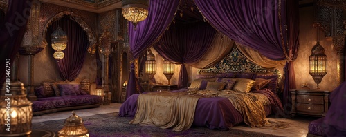 An opulent Arabian night-themed bedroom with rich purple and gold fabrics, lanterns casting soft lights, and a large canopy bed draped in silks